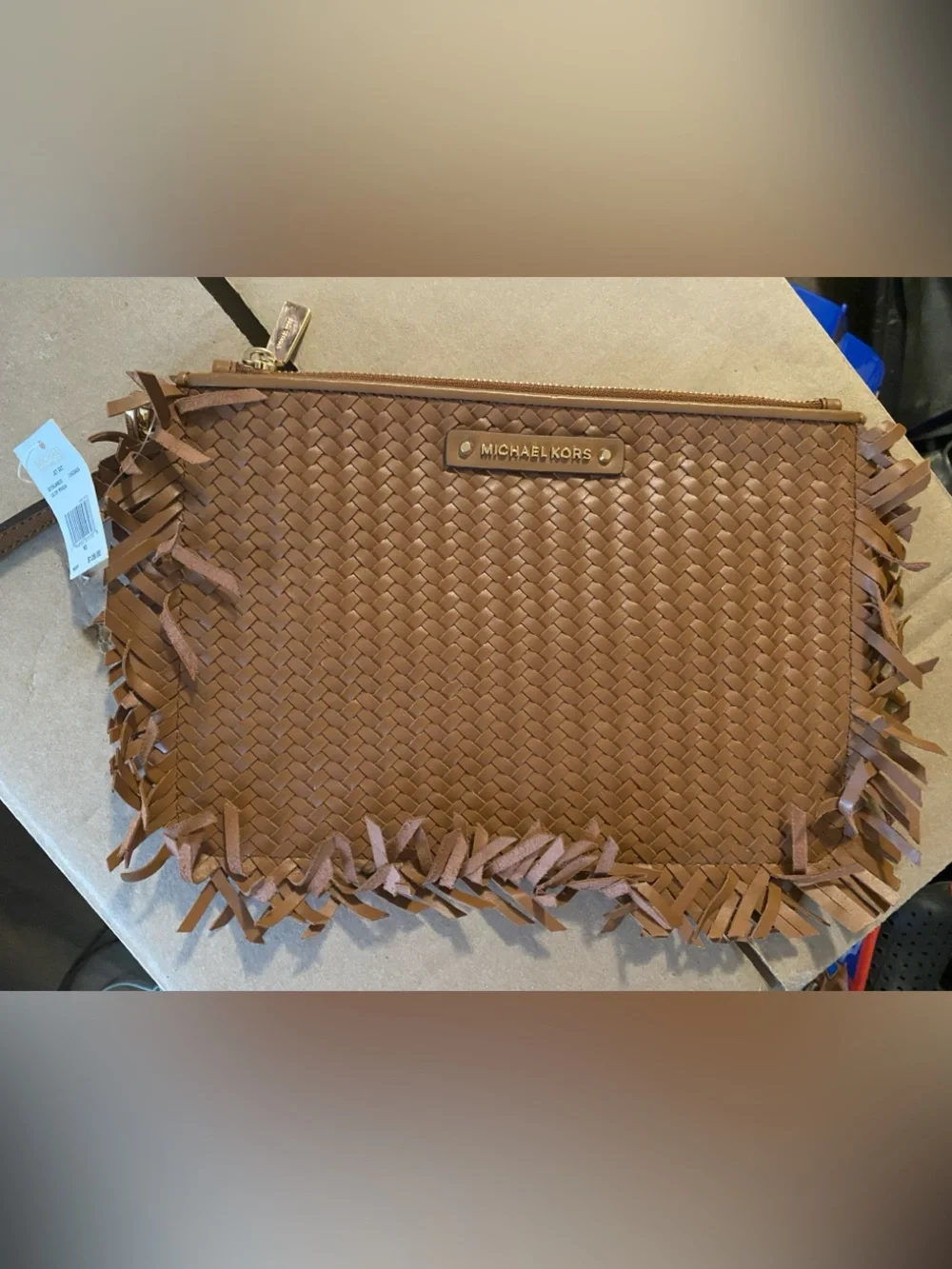 Michael Kors Woven Fringe Leather Clutch in Brown Tan